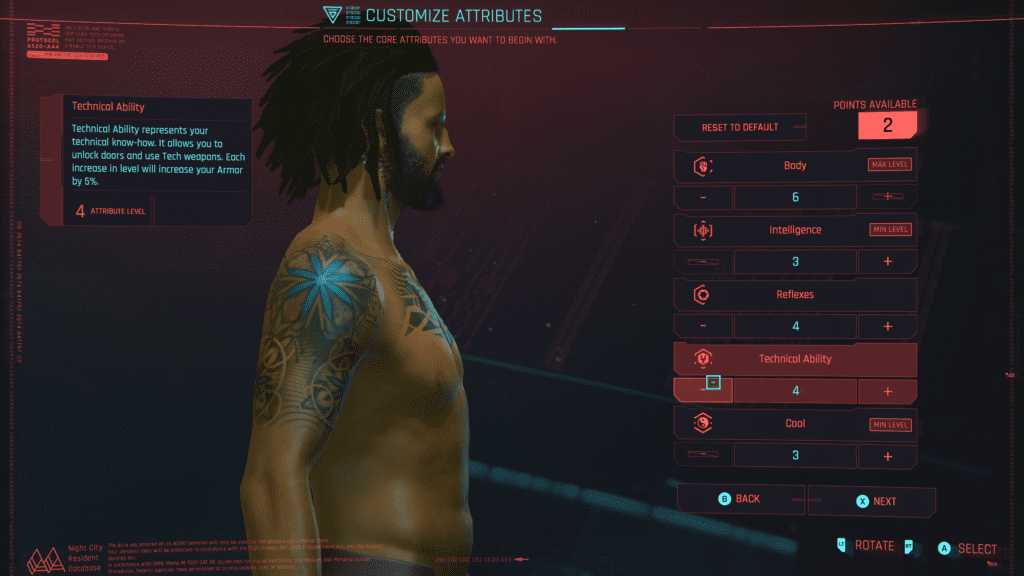 cyberpunk player attributes customization screen